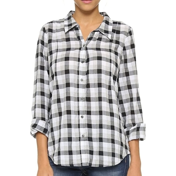 NWT Joie Katrine Button Down Plaid Shirt Top Black White Cotton - Picture 1 of 11